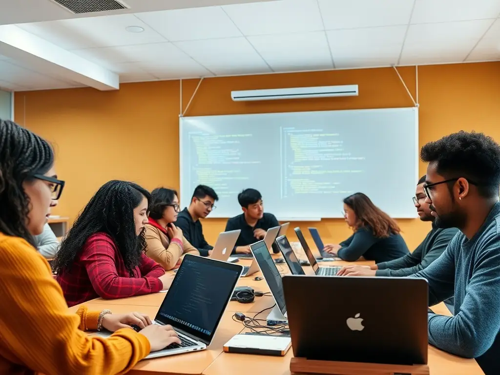 A diverse group of students presenting their Python projects at the end of a workshop, showcasing their creativity and coding skills, with instructors and other students observing and applauding.
