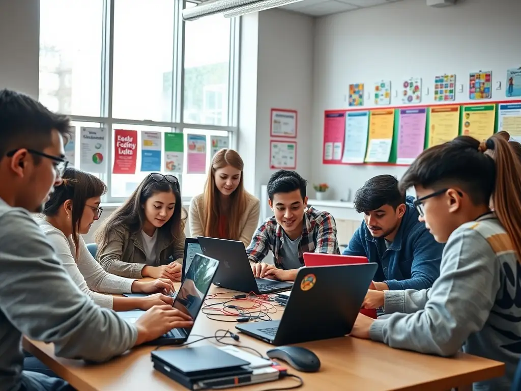 A group of South African high school students enthusiastically participating in a Python coding workshop, working on laptops and collaborating on a project, with a modern classroom setting in the background.