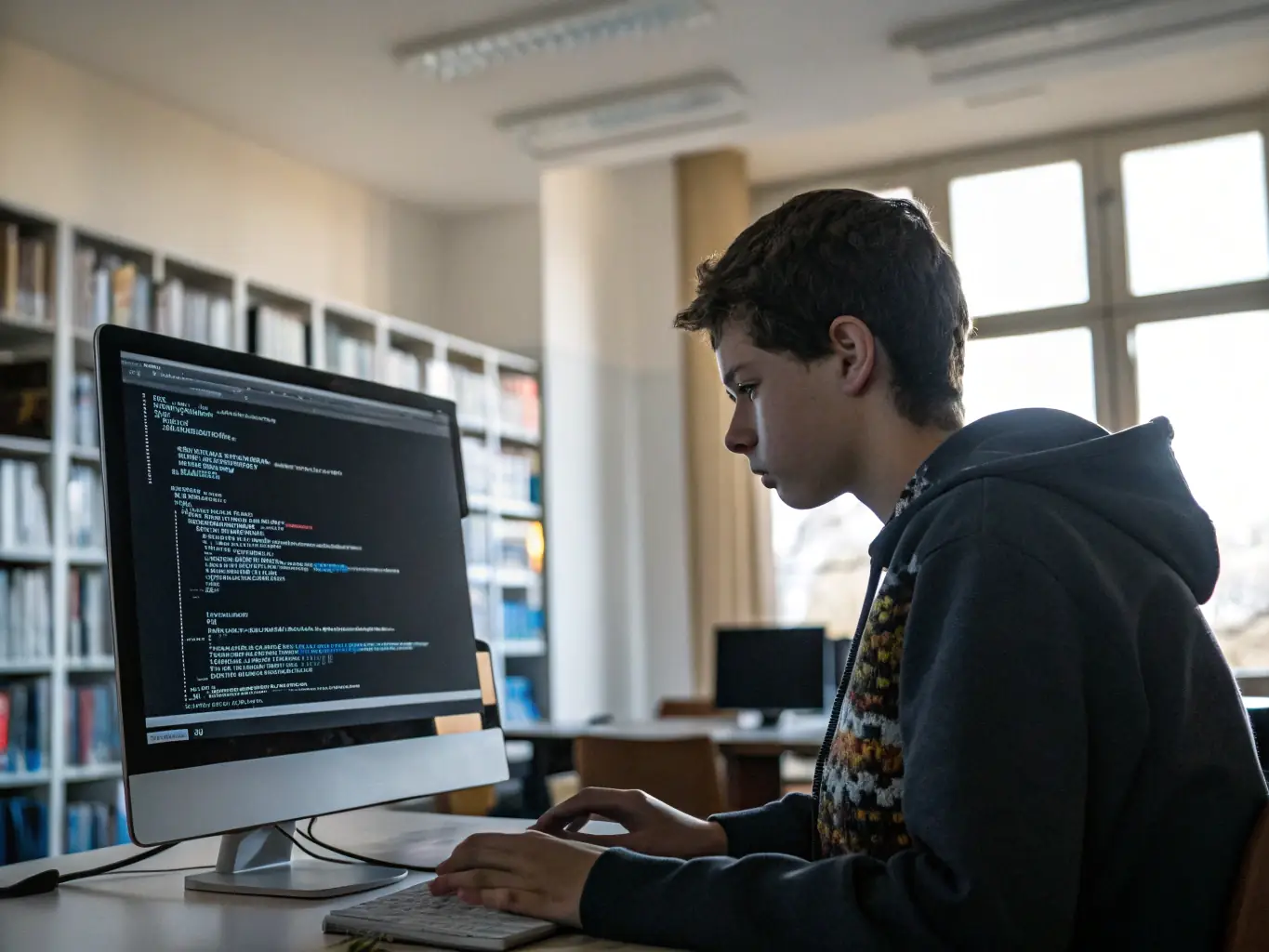 A close-up shot of a student debugging Python code on a laptop during a workshop session, with a focus on the code and the student's focused expression.